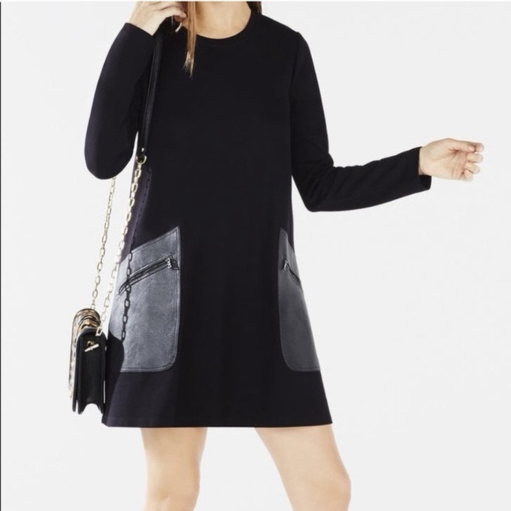 BCBG Max Azria Black Shift Dress XS Long Sleeve A-Line Vegan Leather Pocket